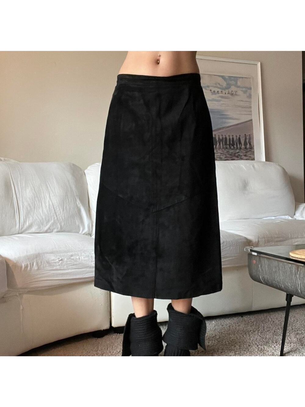 Black suede midi skirt with a slit in the back